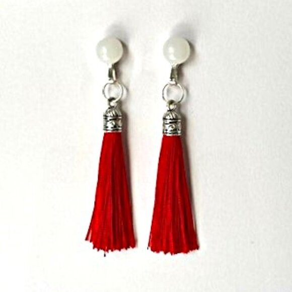 Red and White Tassel Earring - Picture 1 of 3